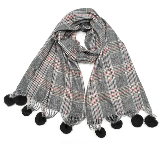 Large Pashmina Scarf - Grey PomPom